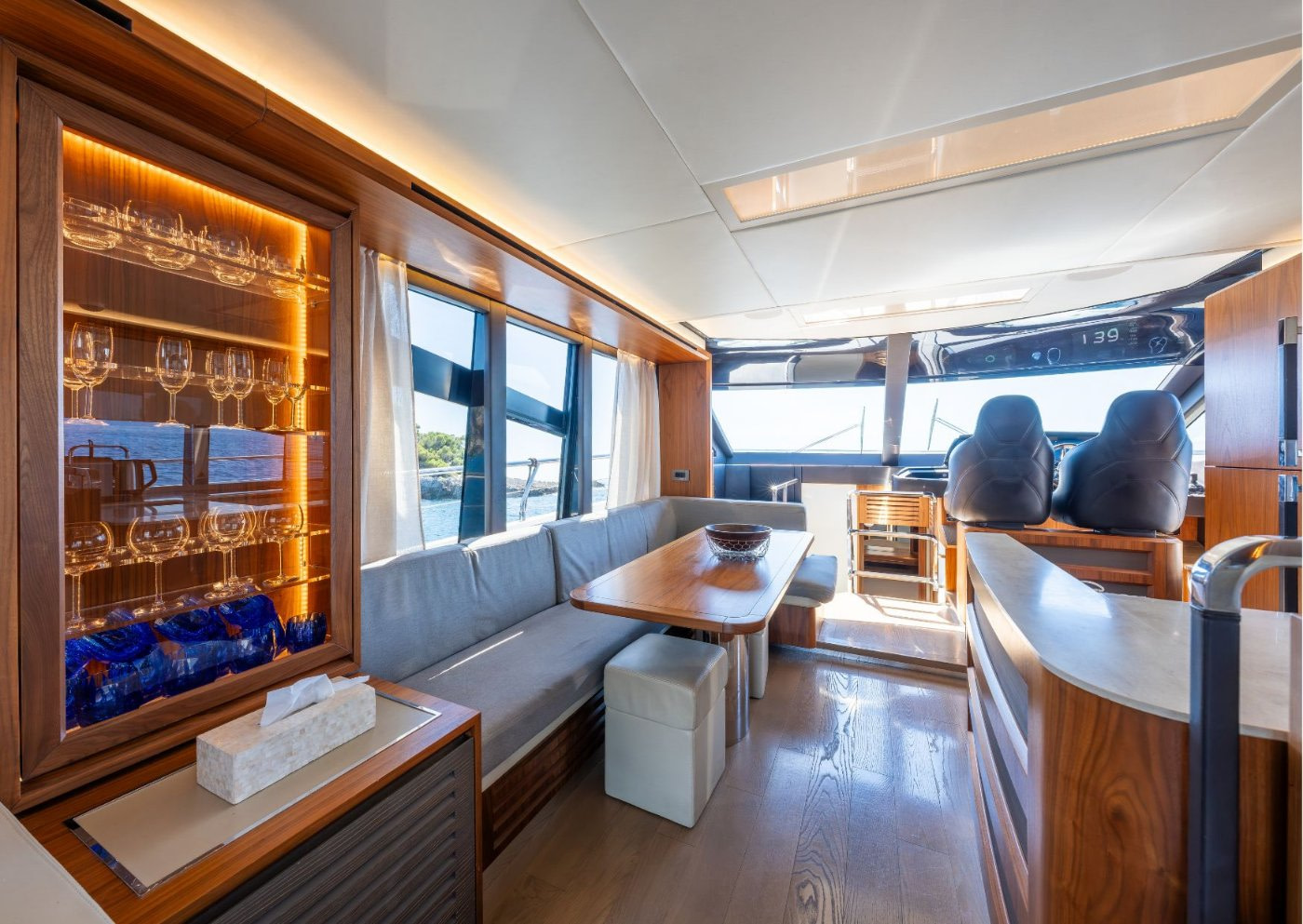 luxurious dining area inside pirveli yacht, 4 cabins in total