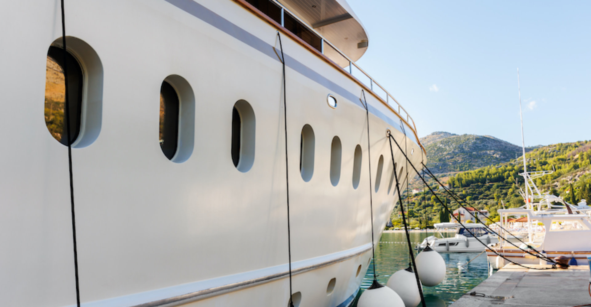 Yacht refit, docked superyacht.